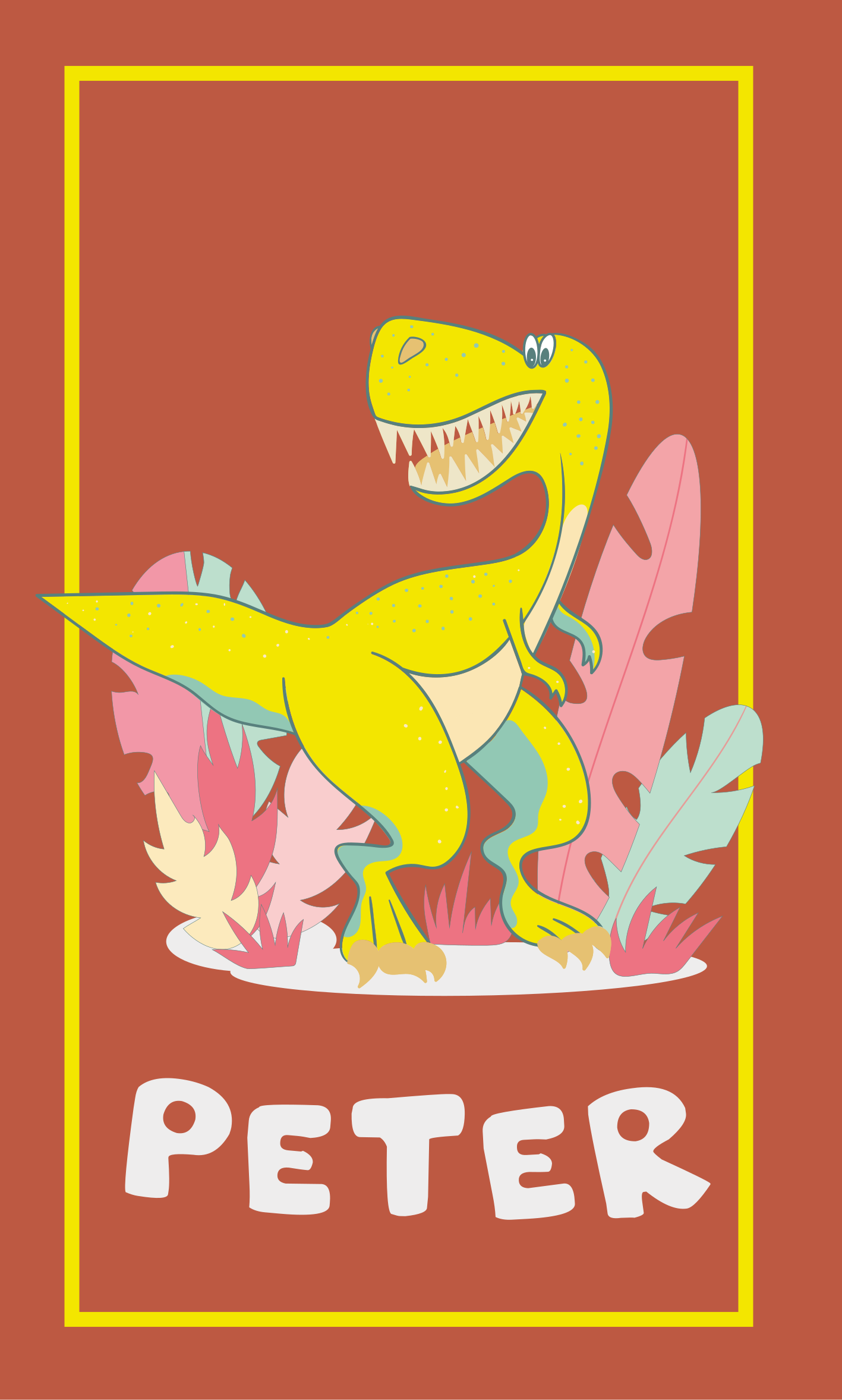 Affiche chambre enfant dinosaure jaune avec plantes - TenStickers