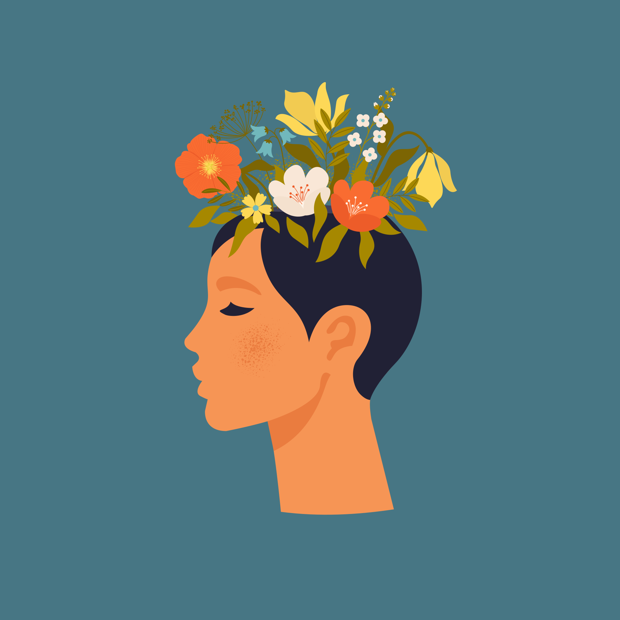 Affiche fleurs femme abstraite sur fond bleu - TenStickers