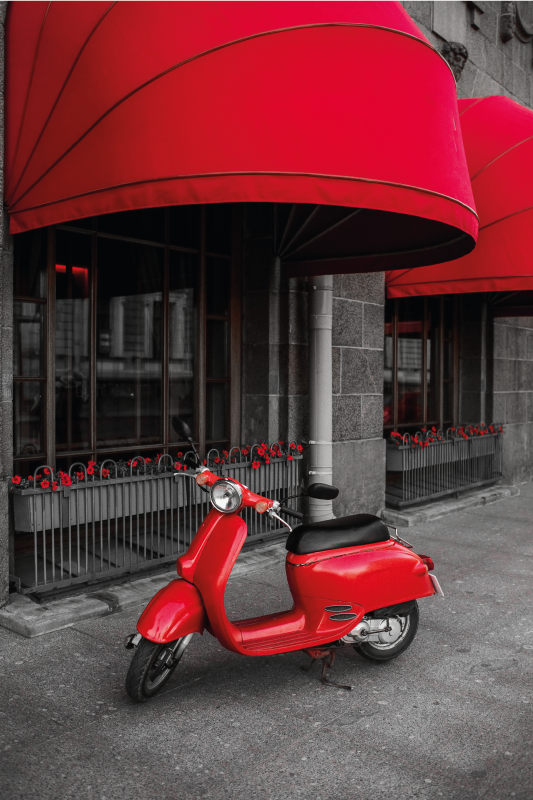 Affiche villes et pays scooter italien rouge garé - TenStickers