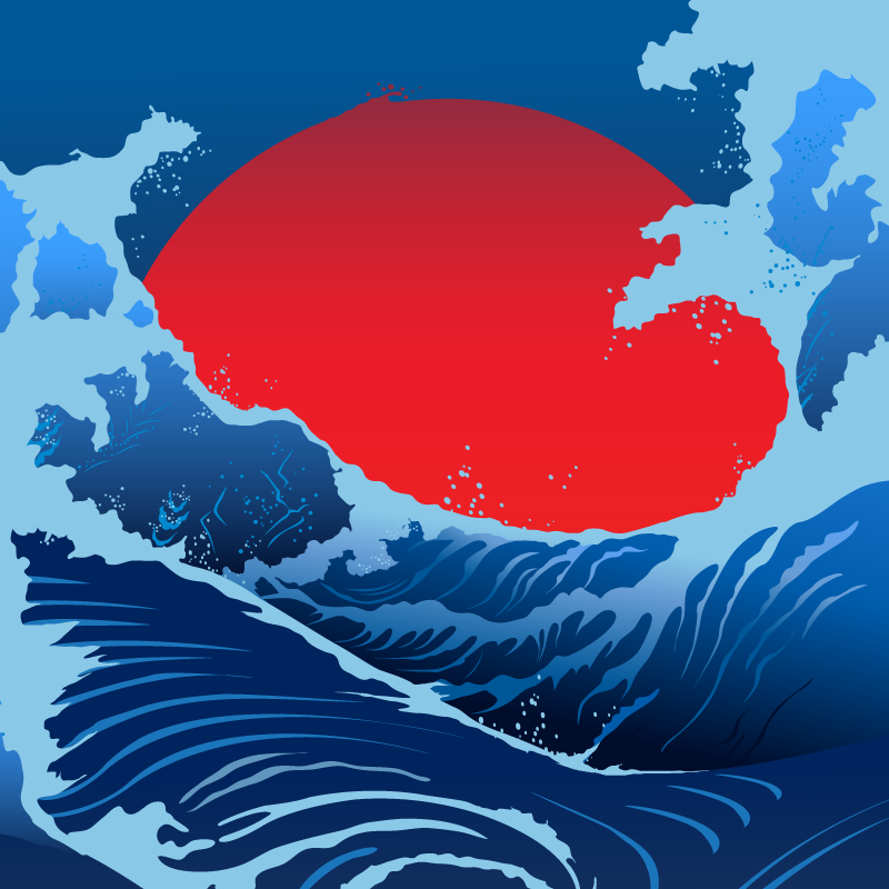 Poster paysage vagues de soleil rouge - TenStickers