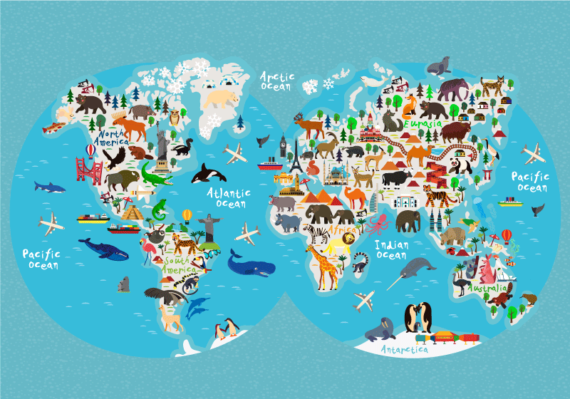Poster carte du monde animaux - TenStickers