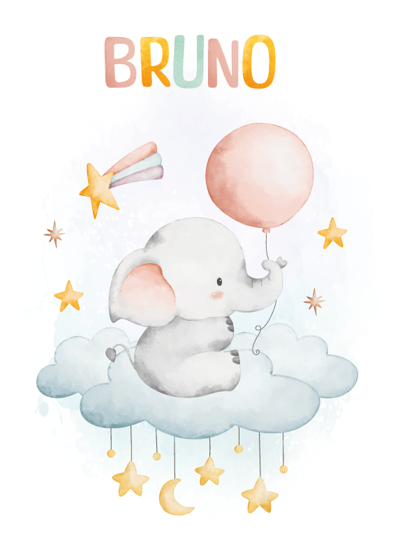 Affiche chambre nom éléphant sur un nuage - TenStickers