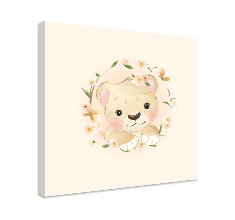 Tableau animaux lionceau avec une couronne de fleurs - TenStickers