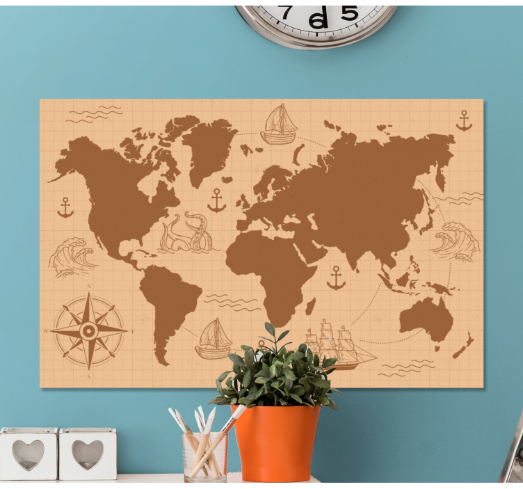 Tableau carte du monde Marron avec boussole - TenStickers