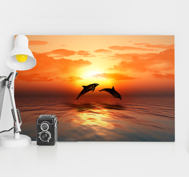 Tableau mer dauphins au coucher de soleil - TenStickers