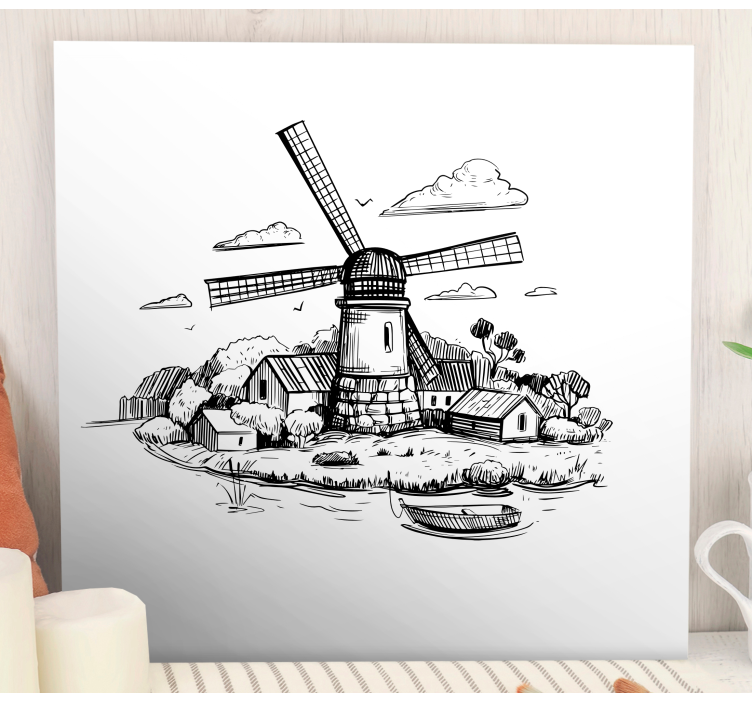 Tableau enfant Dessin de village en noir et blanc - TenStickers