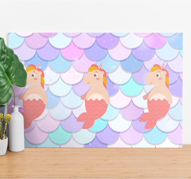 Tableau licorne-sirènes fond écailles poissons - TenStickers
