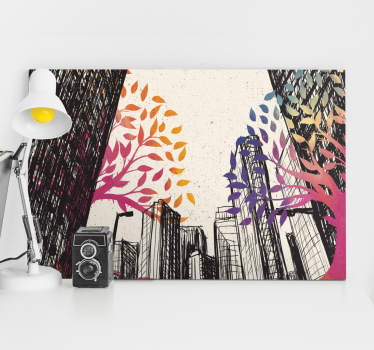Tableau en 3d Arbres multi-saisons avec gratte-ciel - TenStickers