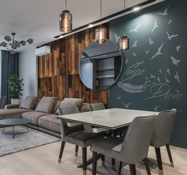 Sticker mural salon Carpe Diem plume oiseaux - TenStickers