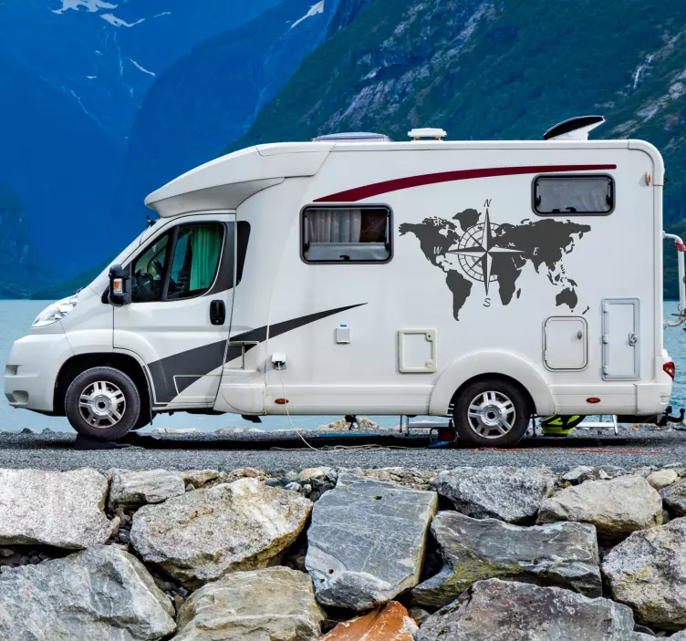 Sticker Camping Car Carte du Monde et Boussole - TenStickers