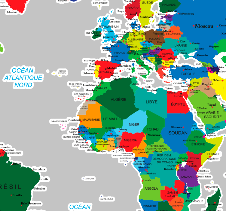 Sticker mural pour salon carte du monde avec couleurs - TenStickers