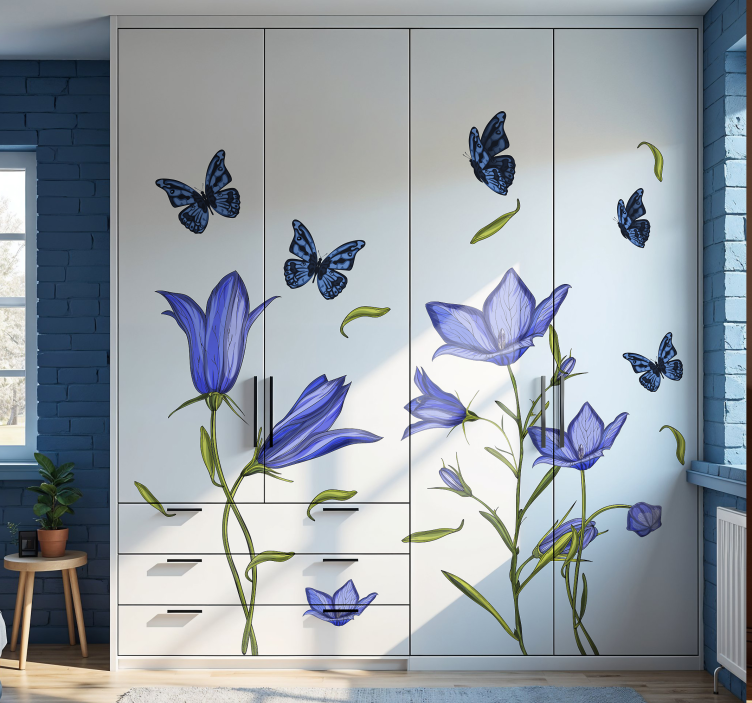 Adhésif meuble fleurs bleues avec des papillons - TenStickers