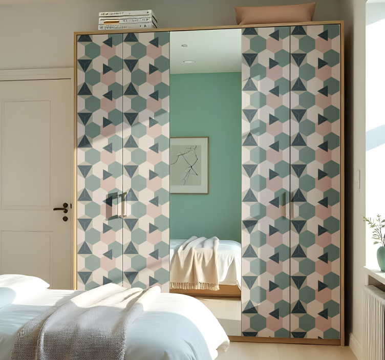 sticker pour porte placard hexagones roses et verts - TenStickers