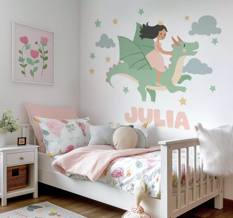 Sticker conte enfant fille chevauchant un dragon - TenStickers
