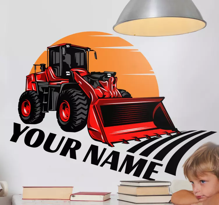 Sticker chambre enfant grand tracteur rouge avec prénom - TenStickers