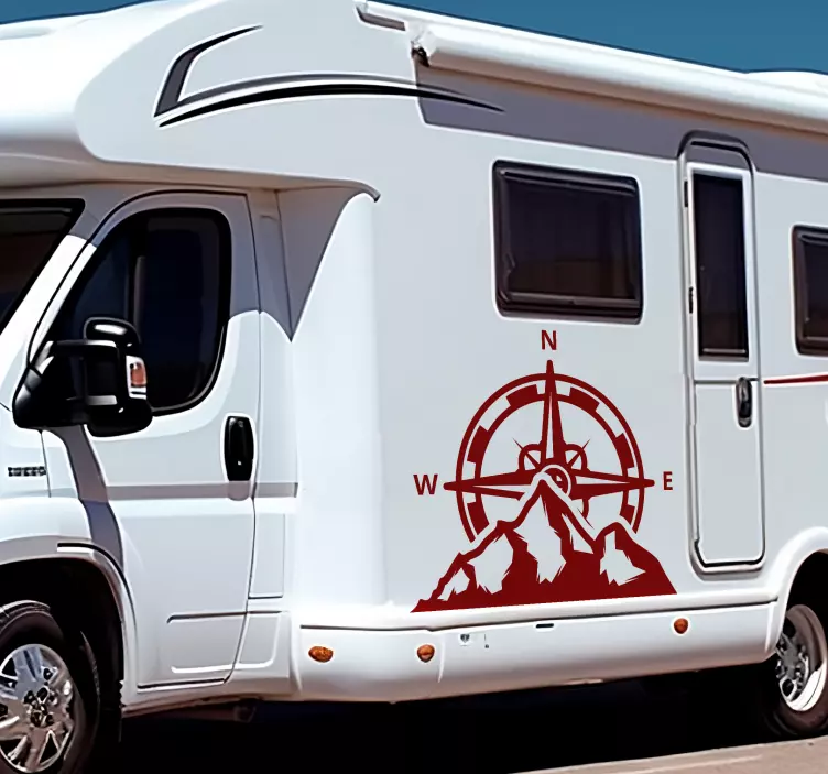 Sticker Camping car Montagnes et Boussole Rouge - TenStickers