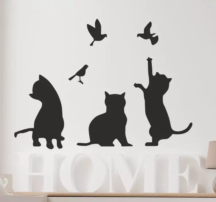 Sticker mural pour salon chats chassant des oiseaux - TenStickers