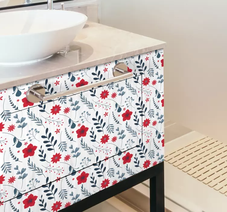 Sticker meuble Ikea salle de bain motif fleurs rouges - TenStickers