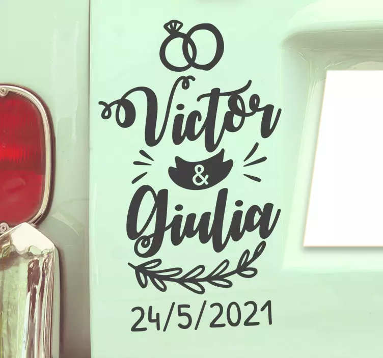 Sticker mariage personnalisé laurier et anneaux - TenStickers