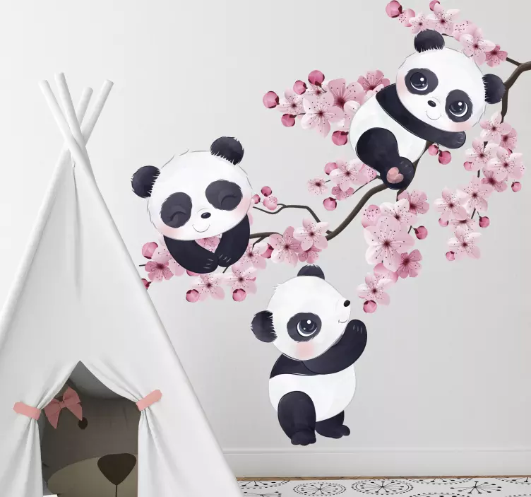 Sticker Animal Jungle Bébé pandas sur arbre de printemps - TenStickers