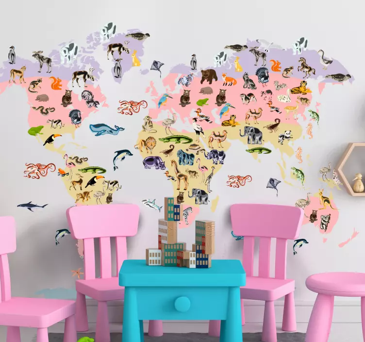 Sticker carte du monde motif animalier pastel - TenStickers