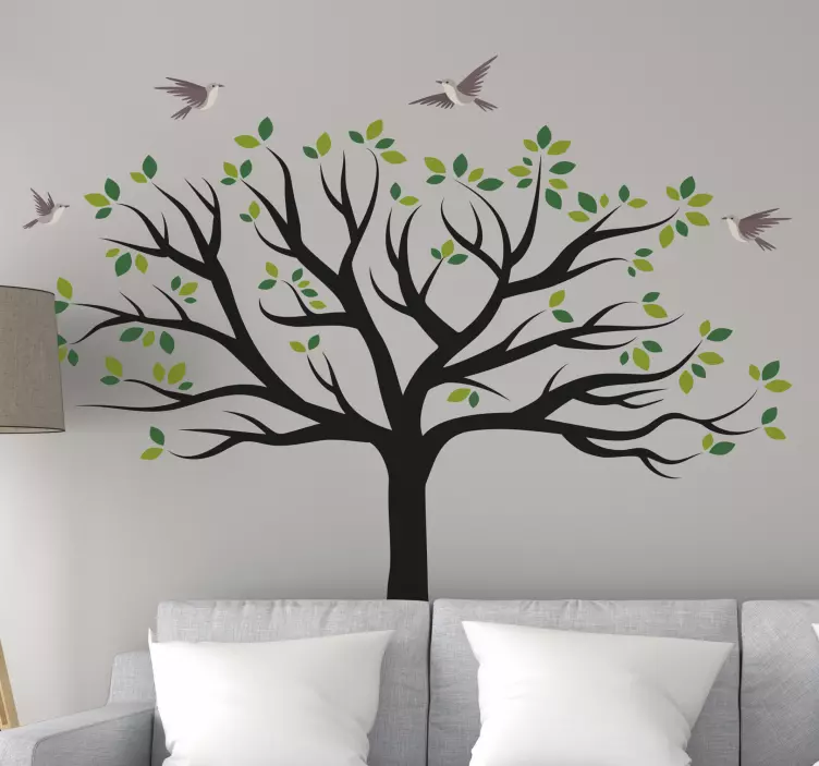 Sticker mural salon arbre aux feuilles vertes et oiseaux - TenStickers