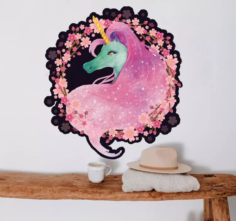 Sticker chambre enfant licorne dans une couronne de fleurs - TenStickers