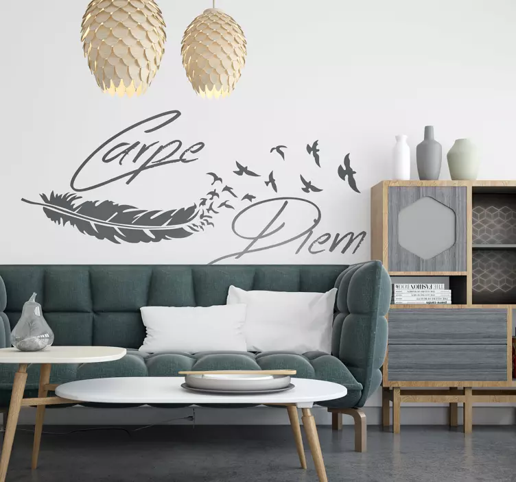 Sticker mural salon Carpe Diem plume oiseaux - TenStickers