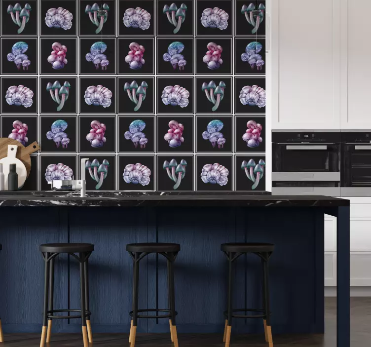 Sticker carrelage champignons  fond noir - TenStickers