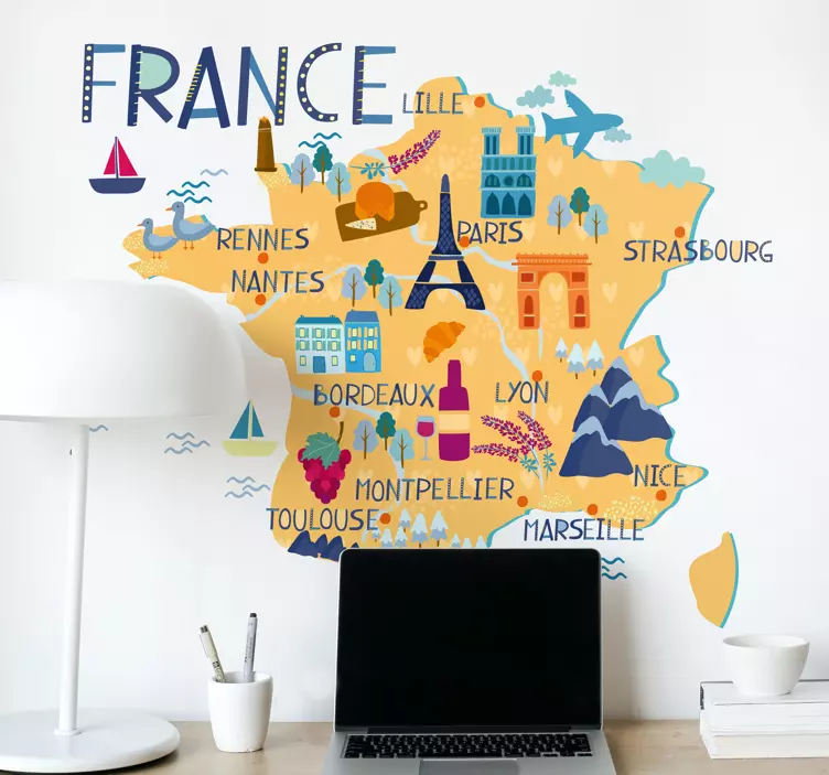 Sticker carte de France villes et dessins - TenStickers