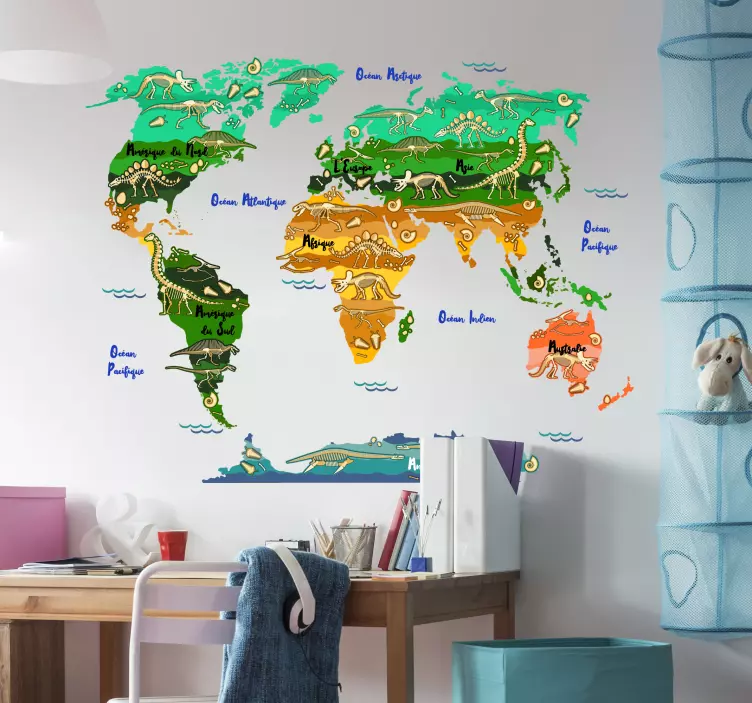 Sticker carte du monde dinosaures et océans - TenStickers