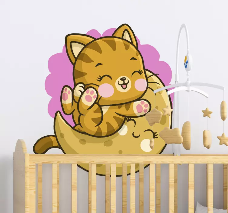 Sticker chambre enfant chat mignon et lune - TenStickers