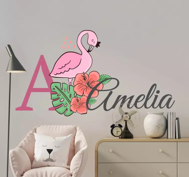 Sticker chambre enfant coutume florale de flamant rose - TenStickers