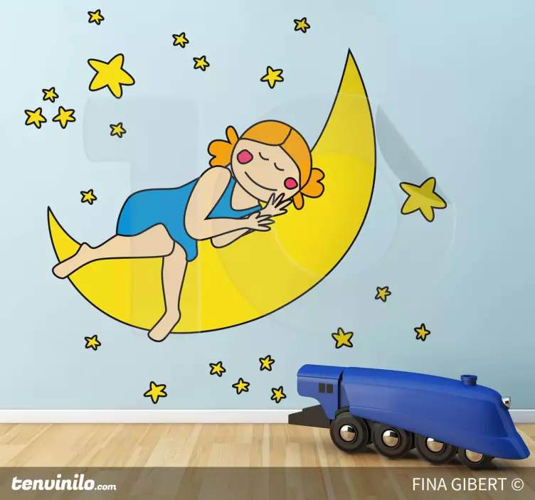 Sticker chambre enfant fille endormie sur la lune - TenStickers