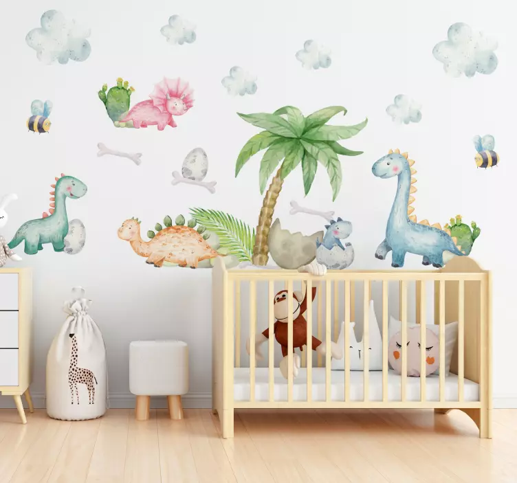 Sticker mural enfant jolis dinosaures aquarelle - TenStickers