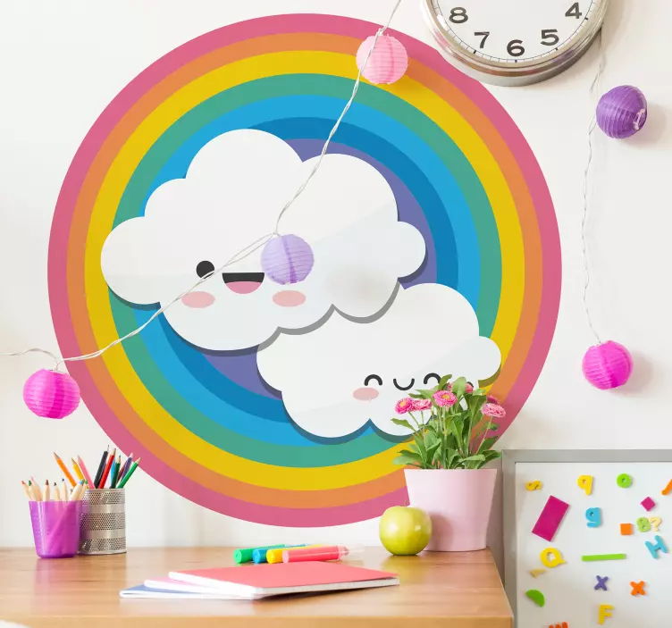 Sticker chambre enfant nuages joyeux arc-en-ciel - TenStickers