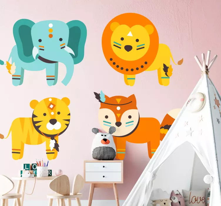 Sticker chambre enfant personnages animaux ethniques - TenStickers