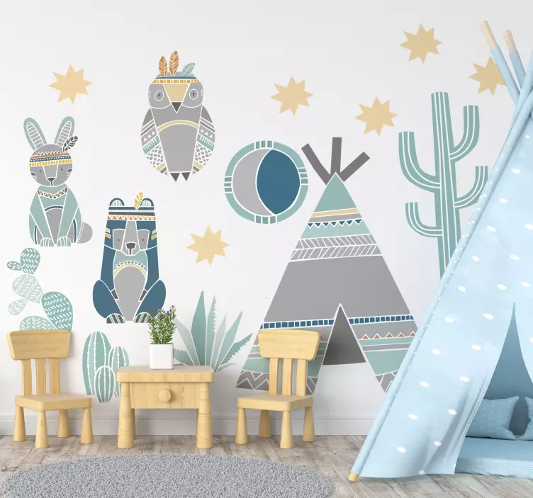 Sticker mural chambre enfant tipi et animaux indiens - TenStickers