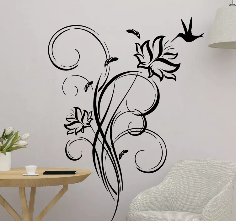 Sticker mural salon moderne motif floral et colibri - TenStickers