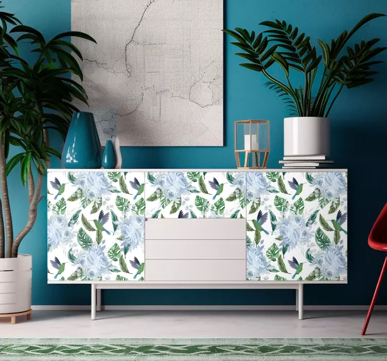Sticker Meuble Fleurs bleues avec oiseaux - TenStickers