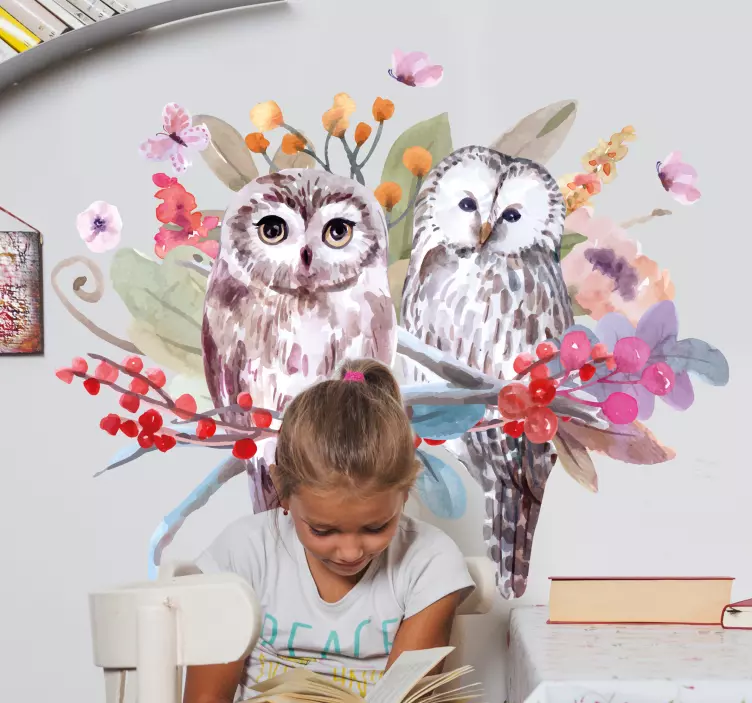 Sticker oiseaux dessin de chouettes et fleurs - TenStickers
