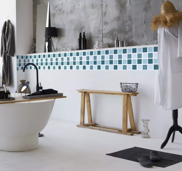 Sticker salle de bain - Frise tapisserie murale carreaux bleus - TenStickers