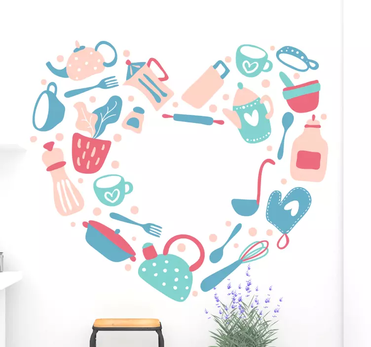 Sticker gastronomie ustensiles en forme de coeur - TenStickers
