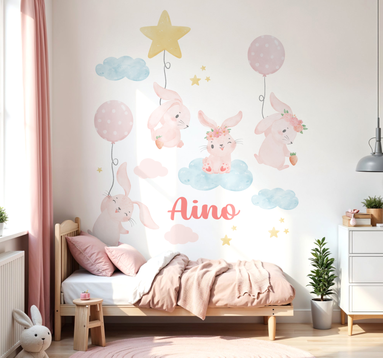 Sticker mural ballons roses avec des lapins - TenStickers