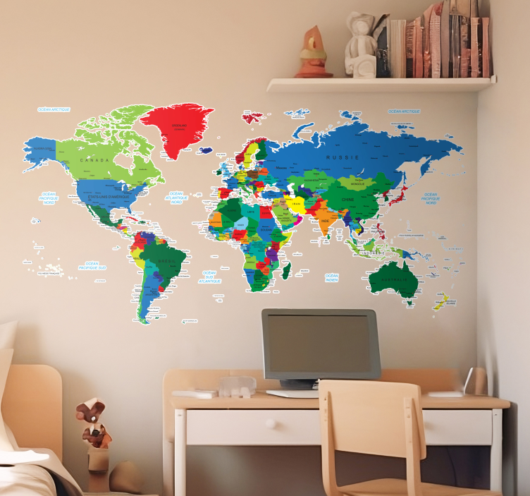 Sticker mural pour salon carte du monde avec couleurs - TenStickers