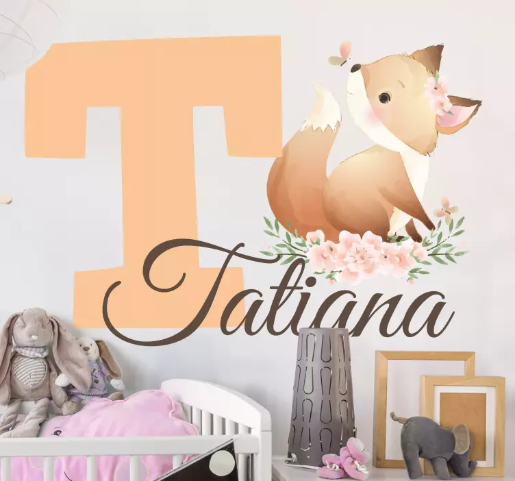 Sticker chambre bébé renard avec initiale et nom - TenStickers