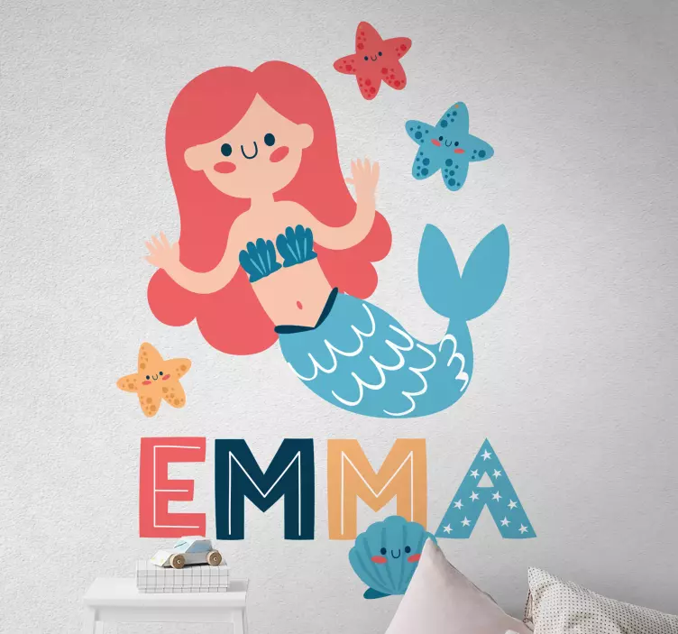 Sticker Chambre Enfant Sirène colorée avec nom - TenStickers