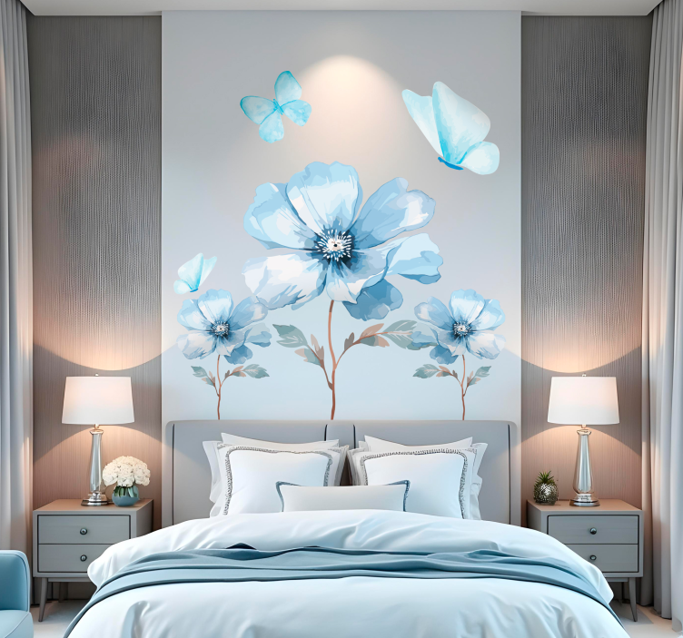 Sticker mural coquelicots bleus avec des papillons - TenStickers