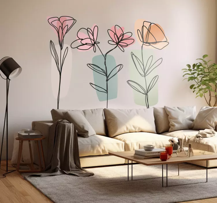 Sticker mural salon dessins fleurs minimalistes - TenStickers