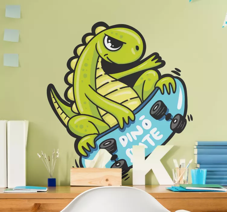 Sticker mural dinosaure dino en skateboard - TenStickers